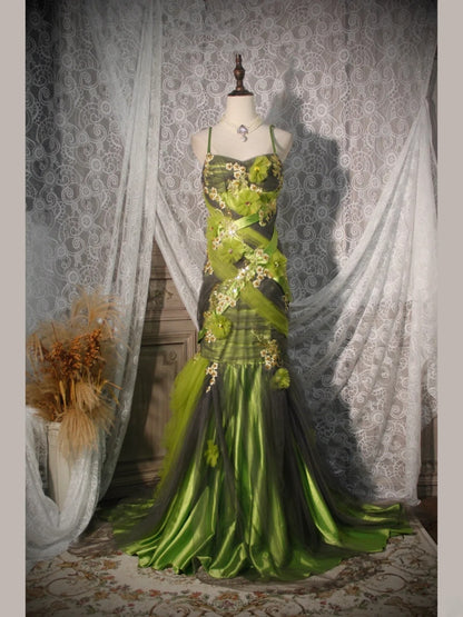 Elegantes Ballkleid im Stil der 1950er Jahre, Meerjungfrauenstil mit Spaghettiträgern, grünes Tüllkleid, langes Partykleid, Abendkleid AS252