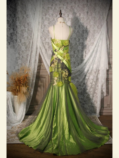 Elegantes Ballkleid im Stil der 1950er Jahre, Meerjungfrauenstil mit Spaghettiträgern, grünes Tüllkleid, langes Partykleid, Abendkleid AS252