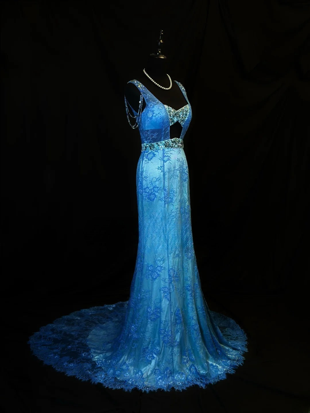 Vintage 90s Prom Dresses Mermaid V Neckline Blue Lace With Beading Party Gown Formal Outfits RB6104