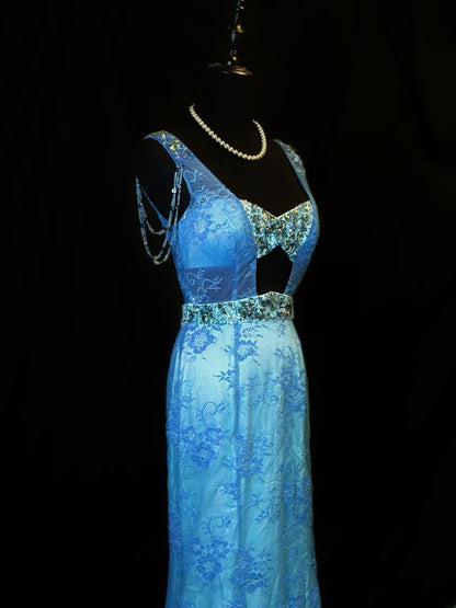 Vintage 90s Prom Dresses Mermaid V Neckline Blue Lace With Beading Party Gown Formal Outfits RB6104