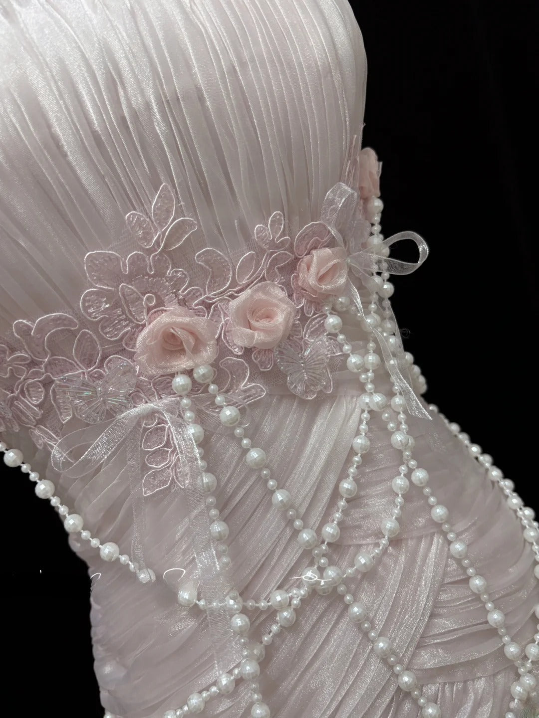 Modest Mermaid Strapless Pink With 3D Flowers Pearls Long Prom Dress Formal Outfits Evening Night Dresses RB7653