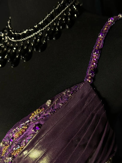 Vintage 90s Prom Dresses A Line Spaghetti Strap Purple Taffeta Tiered Layers With Cape Party Gown Formal Outfits RB6106