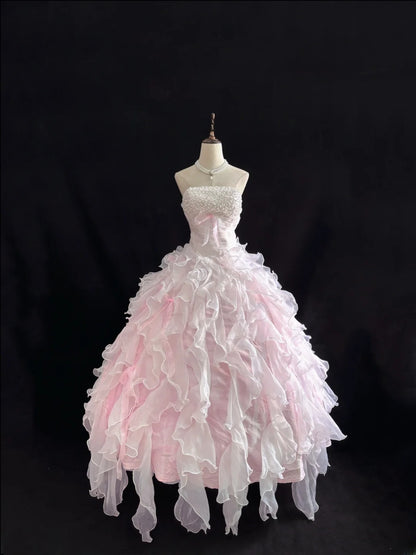 Classy Ball Gowns Strapless Pink Poofy Long With Tiered Layers Quince Dress Sweet 16 inspo Quinceanera Dresses Vestidos De 15 anos RB7656