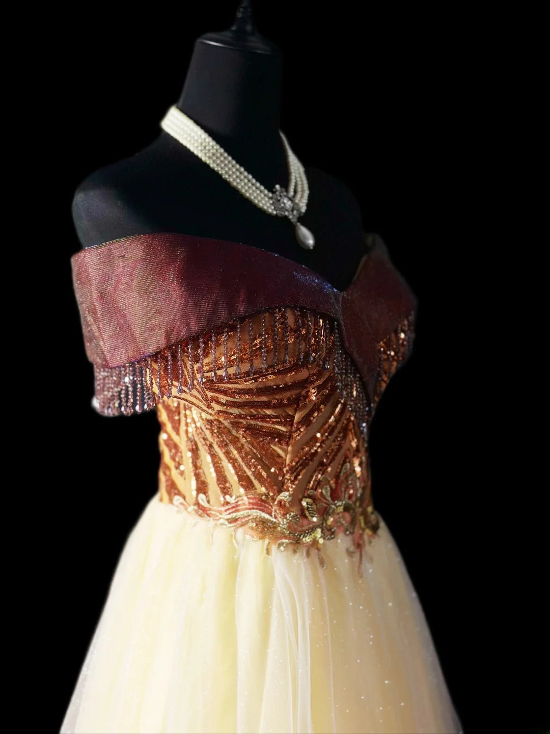 Vintage 90s Prom Dresses Ball Gown Off The Shoulder Gold Tulle With Crystals Party Gown Formal Outfits RB6107