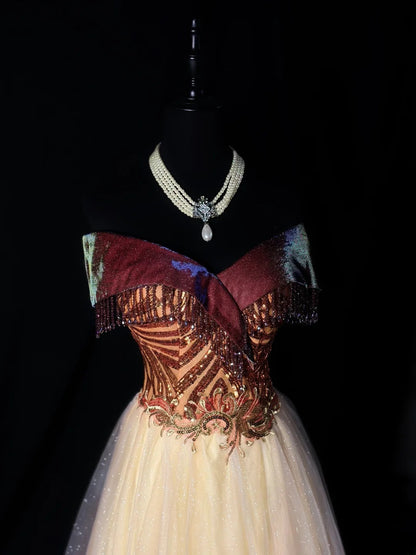 Vintage 90s Prom Dresses Ball Gown Off The Shoulder Gold Tulle With Crystals Party Gown Formal Outfits RB6107