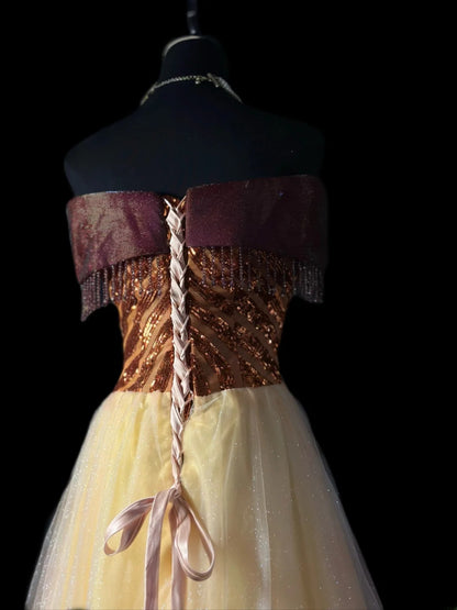 Vintage 90s Prom Dresses Ball Gown Off The Shoulder Gold Tulle With Crystals Party Gown Formal Outfits RB6107