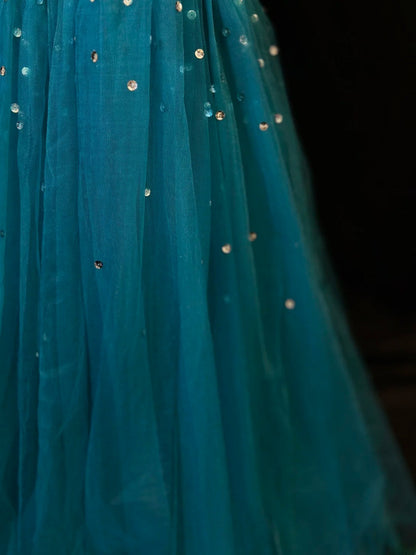 Beautiful Prom Dresses Mermaid Sweetheart Tulle Blue With Beading Crystals Long Formal Outfits RB6108