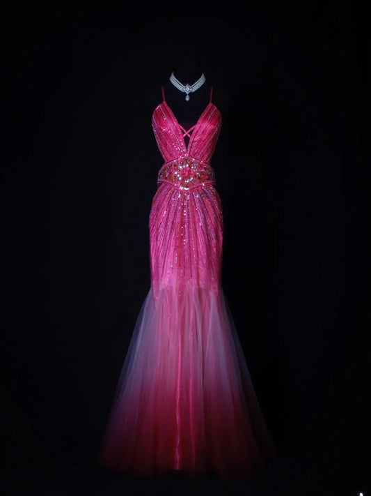 Shinning Mermaid Spaghetti Straps Hot Pink Backless Beaded Bodice Long Prom Dresses Impress 18th Birthday Outfits Prom Gown AS262