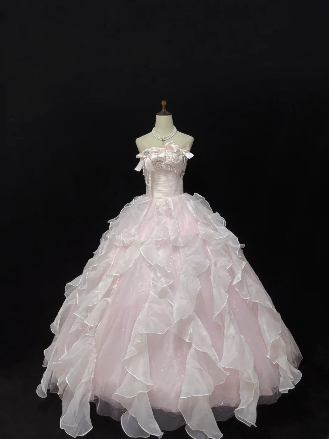 Classy Ball Gowns Strapless Light Pink Poofy Long With Tiered Layers Bow Quince Dress Sweet 16 inspo Quinceanera Dresses Vestidos De 15 anos RB7664