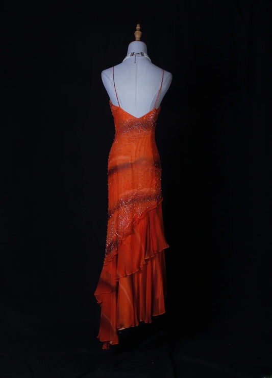 Shinning Mermaid Spaghetti Straps Orange Beaded Bodice Chiffon Prom Dresses Impress 18th Birthday Outfits Prom Gown AS264