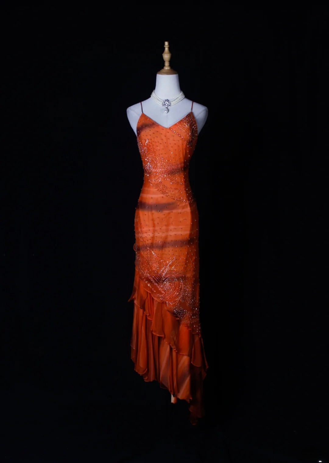 Robe de bal sirène scintillante à fines bretelles et corsage orange orné de perles, en mousseline, idéale pour un 18e anniversaire (AS264)