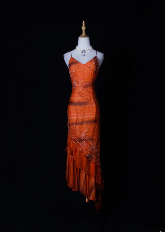 Shinning Mermaid Spaghetti Straps Orange Beaded Bodice Chiffon Prom Dresses Impress 18th Birthday Outfits Prom Gown AS264