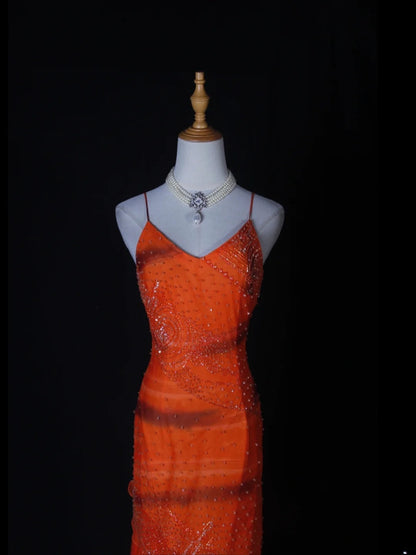 Robe de bal sirène scintillante à fines bretelles et corsage orange orné de perles, en mousseline, idéale pour un 18e anniversaire (AS264)