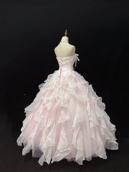 Classy Ball Gowns Strapless Light Pink Poofy Long With Tiered Layers Bow Quince Dress Sweet 16 inspo Quinceanera Dresses Vestidos De 15 anos RB7664