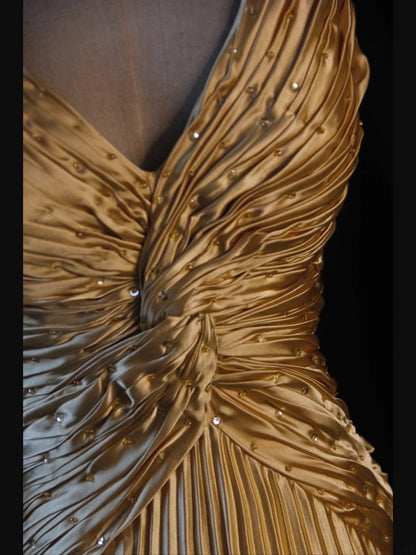 Vintage Mermaid Spaghetti Straps Gold Beaded Bodice Satin Prom Dresses Impress 18th Birthday Outfits Prom Gown AS265