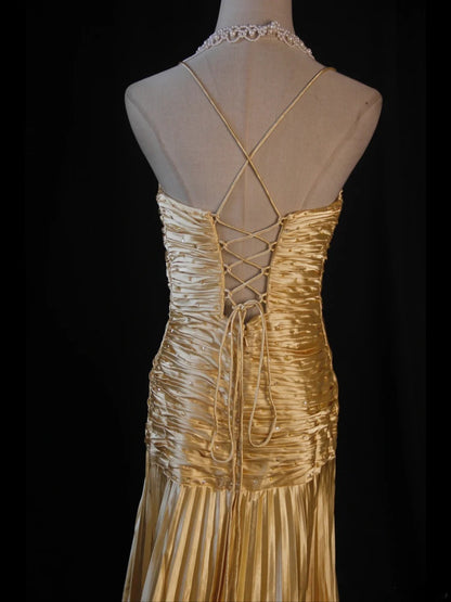 Vintage Mermaid Spaghetti Straps Gold Beaded Bodice Satin Prom Dresses Impress 18th Birthday Outfits Prom Gown AS265