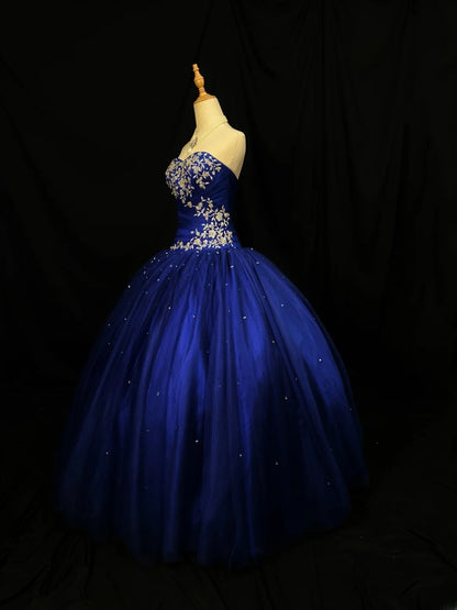 Pretty Ball Gown Sweetheart Royal Blue Tulle With Appliqued Corset Fitted Long 15 Quinceanera Dresses Photo Ideas Formal Outfit RB6113