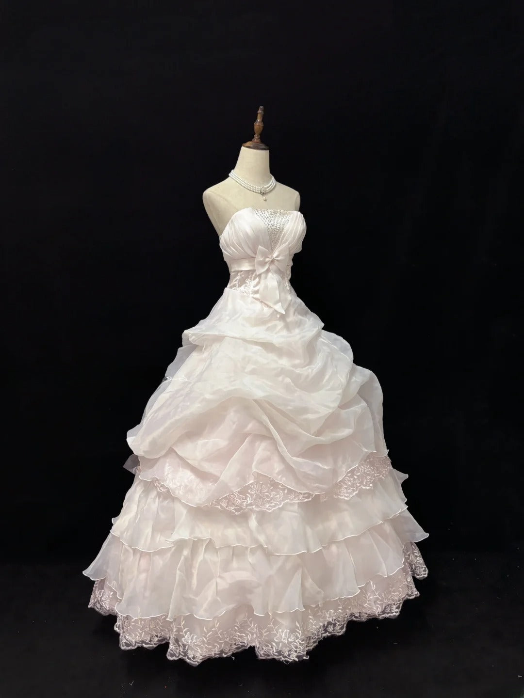Cute Ball Gowns Strapless Light Pearl Pink Poofy Long With Lace Bow Quince Dress Sweet 16 inspo Quinceanera Dresses Vestidos De 15 anos RB7666
