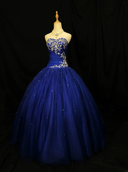 Pretty Ball Gown Sweetheart Royal Blue Tulle With Appliqued Corset Fitted Long 15 Quinceanera Dresses Photo Ideas Formal Outfit RB6113
