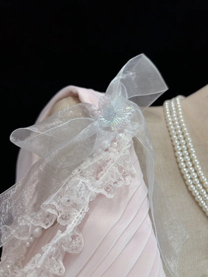 Modest Mermaid One Shoulder Light Pink With Layered Tiered Long Prom Dress Formal Outfits Evening Night Dresses RB7667