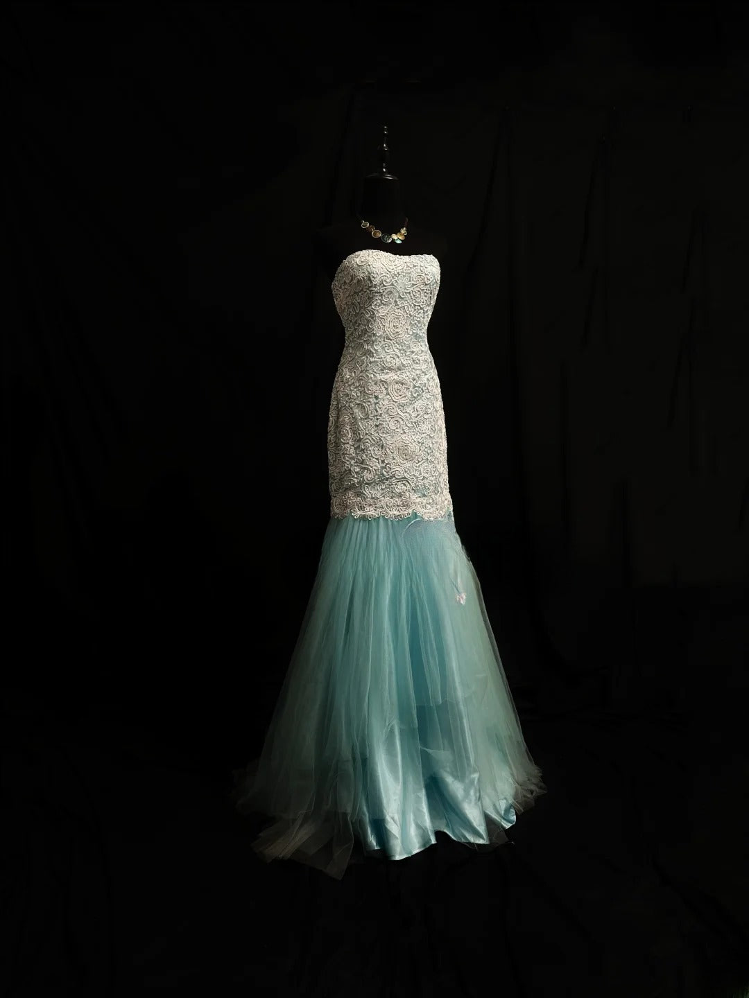 Beautiful Prom Dresses Mermaid Strapless Blue Tulle With Lace Long Night Evening Formal Outfits RB6114