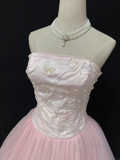 Cute Ball Gowns Strapless Tulle Pink Poofy Long With Beading Quince Dress Sweet 16 inspo Quinceanera Dresses Vestidos De 15 anos RB7669