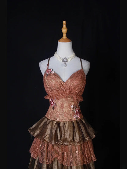 Robe de bal rétro à fines bretelles roses et marron, courte, idéale pour un 16e anniversaire, une soirée de retrouvailles ou un cocktail (AS271)