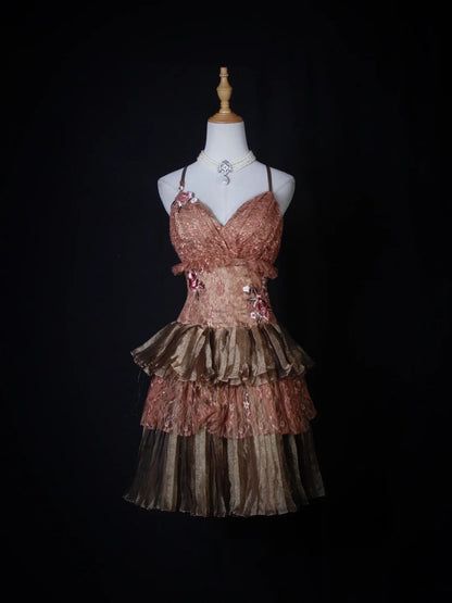 Robe de bal rétro à fines bretelles roses et marron, courte, idéale pour un 16e anniversaire, une soirée de retrouvailles ou un cocktail (AS271)