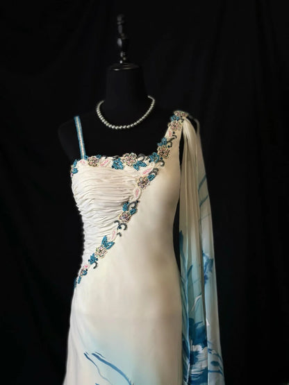 Vintage 90s Prom Dresses A line Straps Chiffon White With Beading Party Gown Formal Outfits RB6119