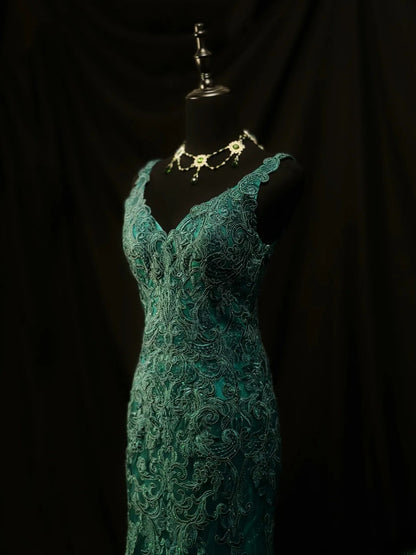 Modest Prom Dresses Mermaid V Neckline Dark Emerald Green With Lace Appliqued Long Night Evening Formal Outfits RB6120