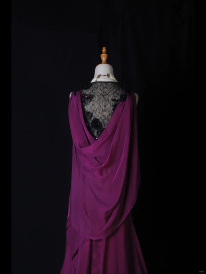 Robe de bal longue vintage sirène, haut noir en dentelle, corsage en mousseline orné d'appliques et de perles, idéale pour un 18e anniversaire. Modèle AS276.