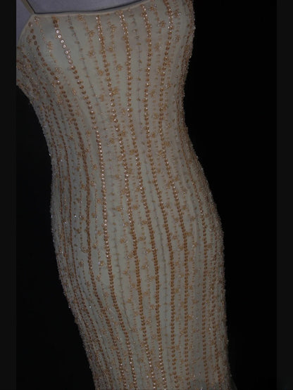 Vintage Meerjungfrauen-Abendkleid mit Spaghettiträgern, gelbem Tüll und Perlenbesatz, langes Kleid, beeindruckendes Outfit zum 20. Geburtstag, Ballkleid AS280