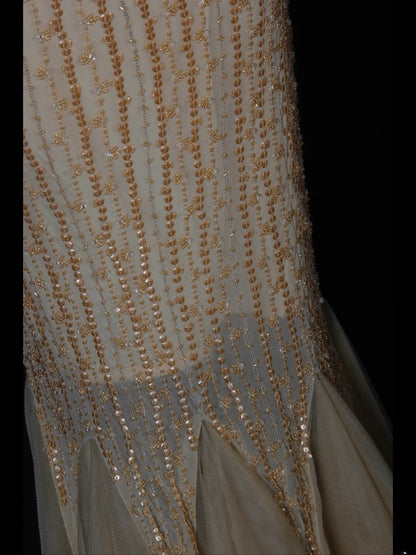 Vintage Meerjungfrauen-Abendkleid mit Spaghettiträgern, gelbem Tüll und Perlenbesatz, langes Kleid, beeindruckendes Outfit zum 20. Geburtstag, Ballkleid AS280