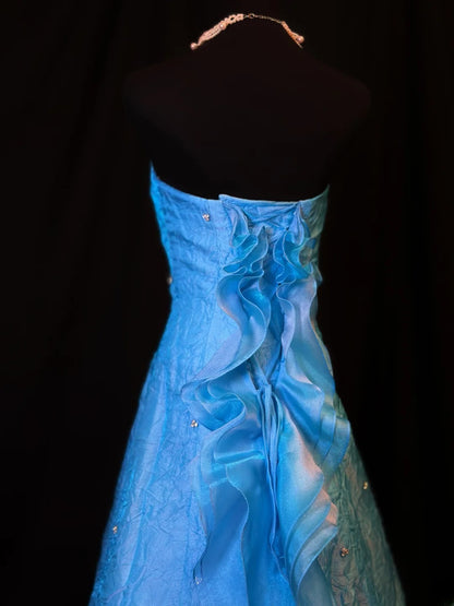 Modest Prom Dresses Ball Gown Strapless Blue With Ruffled Long Night Evening Formal Outfits RB6122