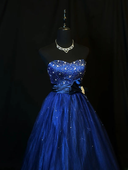 Modest Prom Dresses Ball Gown Sweetheart Royal Blue With Silver Beading Long Night Evening Formal Outfits RB6123