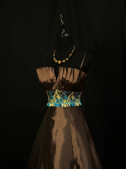 Modest Prom Dresses Ball Gown Spaghetti Strap Chocolate Taffeta With Beading Long Night Evening Formal Outfits RB6124