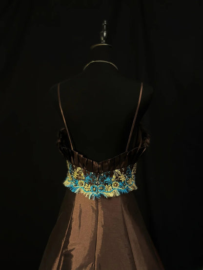 Modest Prom Dresses Ball Gown Spaghetti Strap Chocolate Taffeta With Beading Long Night Evening Formal Outfits RB6124