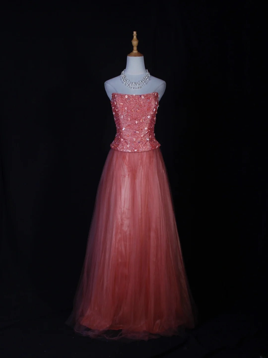 Vintage A-Linien-Kleid, trägerlos, rosa Tüll mit Perlenbesatz, langes Ballkleid, beeindruckendes Outfit zum 20. Geburtstag, formelles Abendkleid AS284