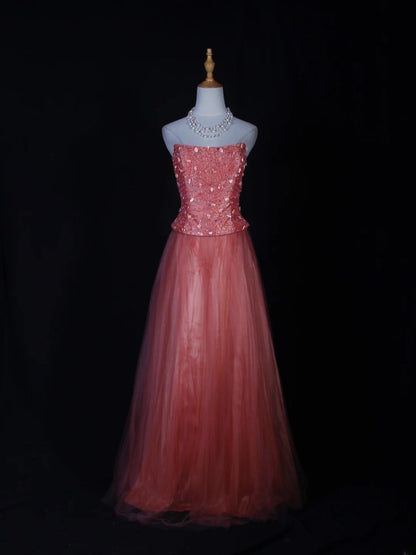 Vintage A-Linien-Kleid, trägerlos, rosa Tüll mit Perlenbesatz, langes Ballkleid, beeindruckendes Outfit zum 20. Geburtstag, formelles Abendkleid AS284