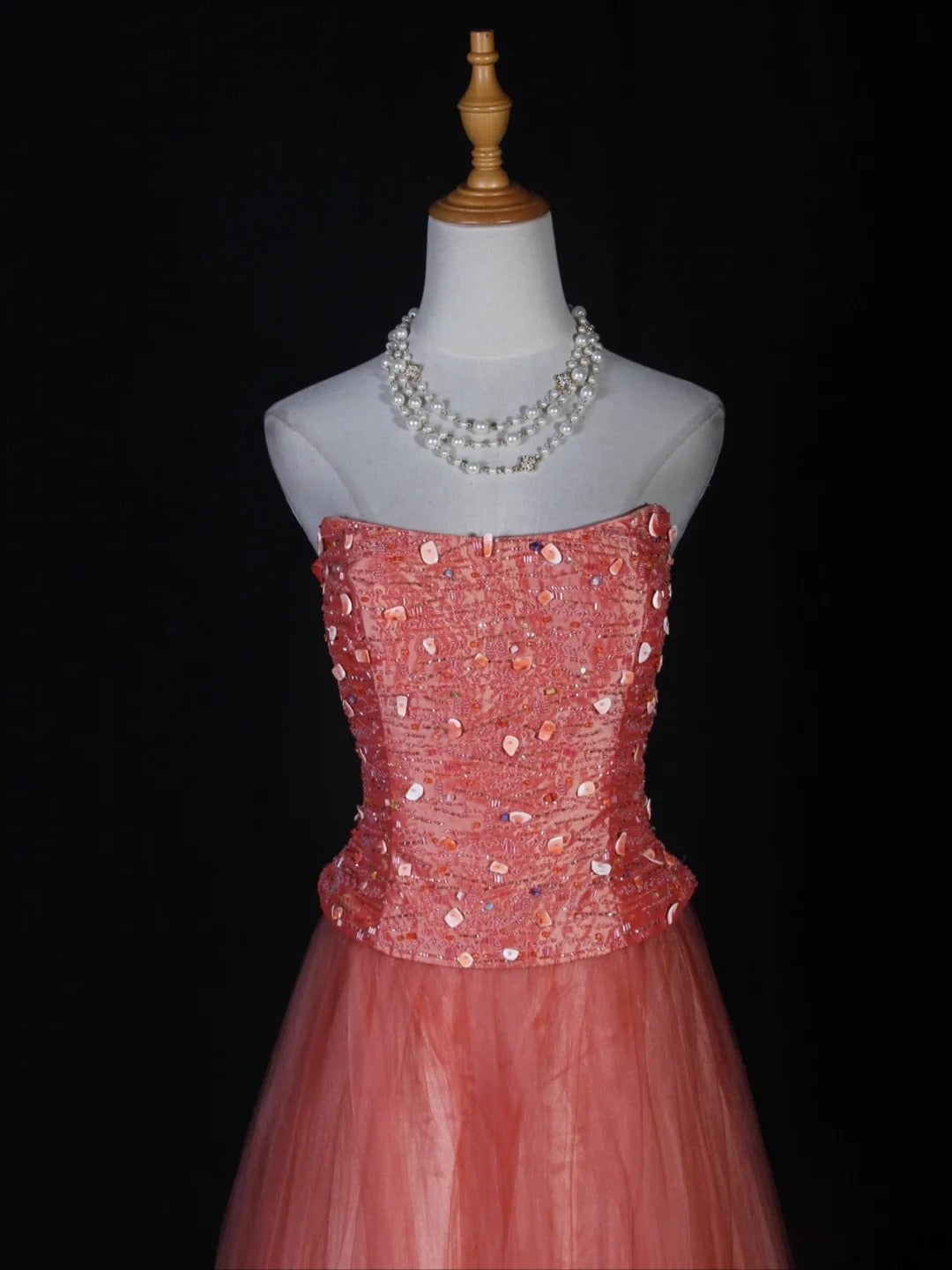 Vintage A-Linien-Kleid, trägerlos, rosa Tüll mit Perlenbesatz, langes Ballkleid, beeindruckendes Outfit zum 20. Geburtstag, formelles Abendkleid AS284