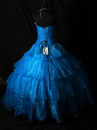 Pretty Ball Gown Sweetheart Blue Tulle With Flowers Corset Fitted Long 15 Quinceanera Dresses Photo Ideas Formal Outfit RB6125