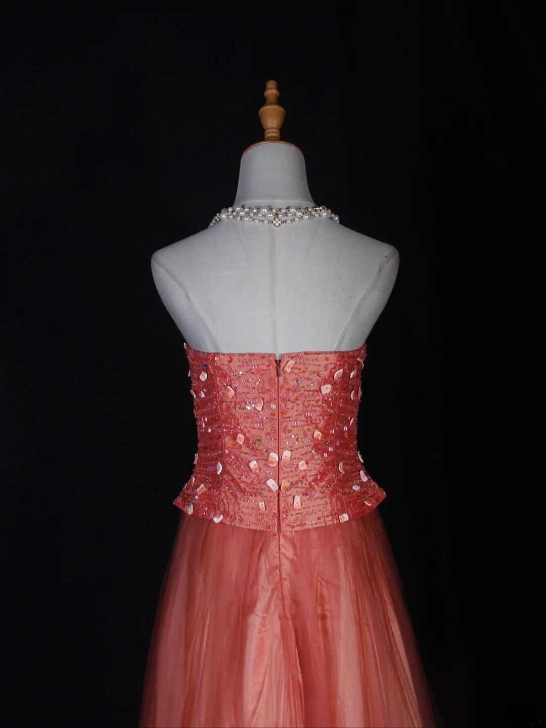Vintage A-Linien-Kleid, trägerlos, rosa Tüll mit Perlenbesatz, langes Ballkleid, beeindruckendes Outfit zum 20. Geburtstag, formelles Abendkleid AS284