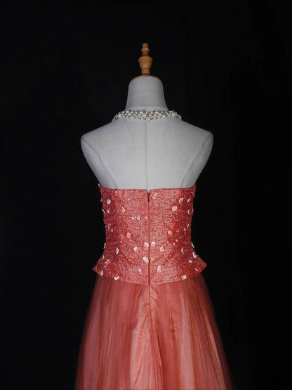 Vintage A-Linien-Kleid, trägerlos, rosa Tüll mit Perlenbesatz, langes Ballkleid, beeindruckendes Outfit zum 20. Geburtstag, formelles Abendkleid AS284
