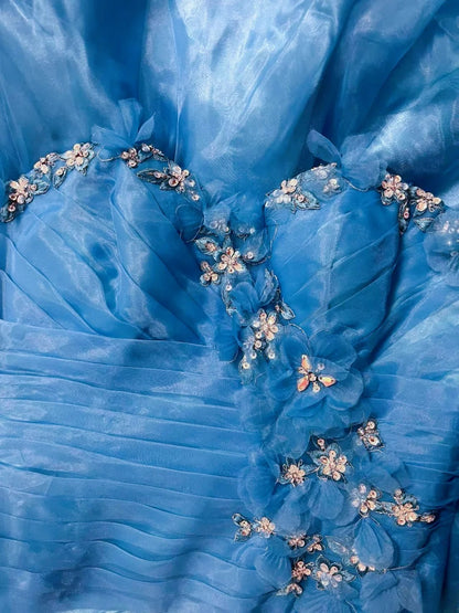 Pretty Ball Gown Sweetheart Blue Tulle With Flowers Corset Fitted Long 15 Quinceanera Dresses Photo Ideas Formal Outfit RB6125