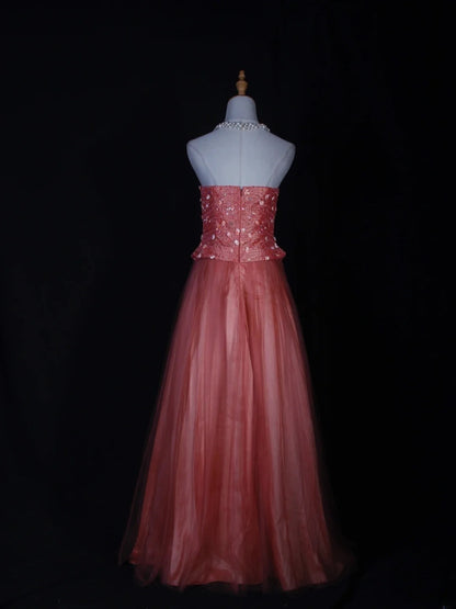 Vintage A-Linien-Kleid, trägerlos, rosa Tüll mit Perlenbesatz, langes Ballkleid, beeindruckendes Outfit zum 20. Geburtstag, formelles Abendkleid AS284