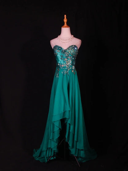 Vintage A line Sweetheart Chiffon High Low Green With Beads Bodice Long Prom Dresses Impress 20th Birthday Outfit Formal Gown AS285