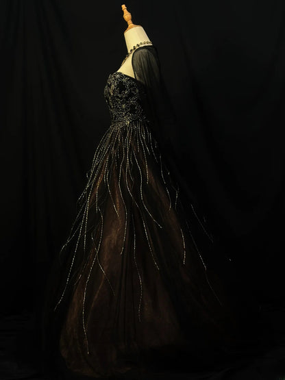 Vintage 90s Prom Dresses Ball Gown Strapless Black Tulle With Beading Cape Party Gown Formal Outfits RB6127