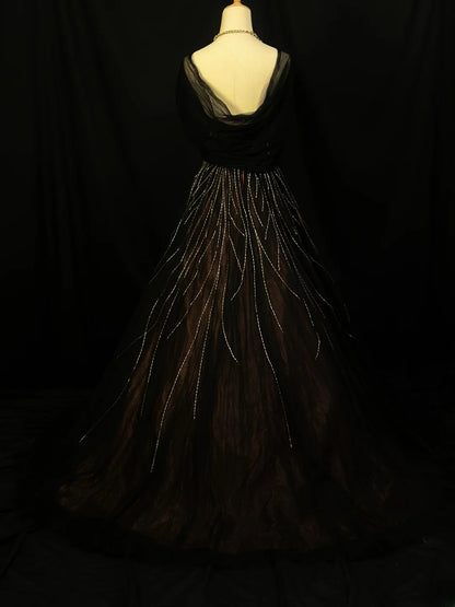 Vintage 90s Prom Dresses Ball Gown Strapless Black Tulle With Beading Cape Party Gown Formal Outfits RB6127