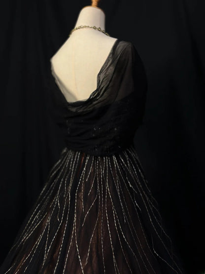 Vintage 90s Prom Dresses Ball Gown Strapless Black Tulle With Beading Cape Party Gown Formal Outfits RB6127