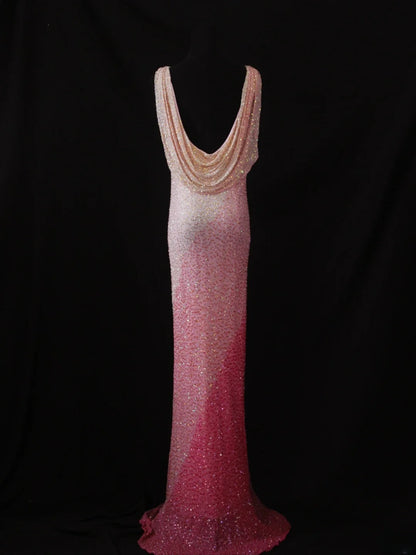 Vintage Etuikleid, rosa, Wasserfallausschnitt, perlenbesetztes Oberteil, langes Ballkleid, beeindruckendes Outfit zum 20. Geburtstag, formelles Abendkleid AS287